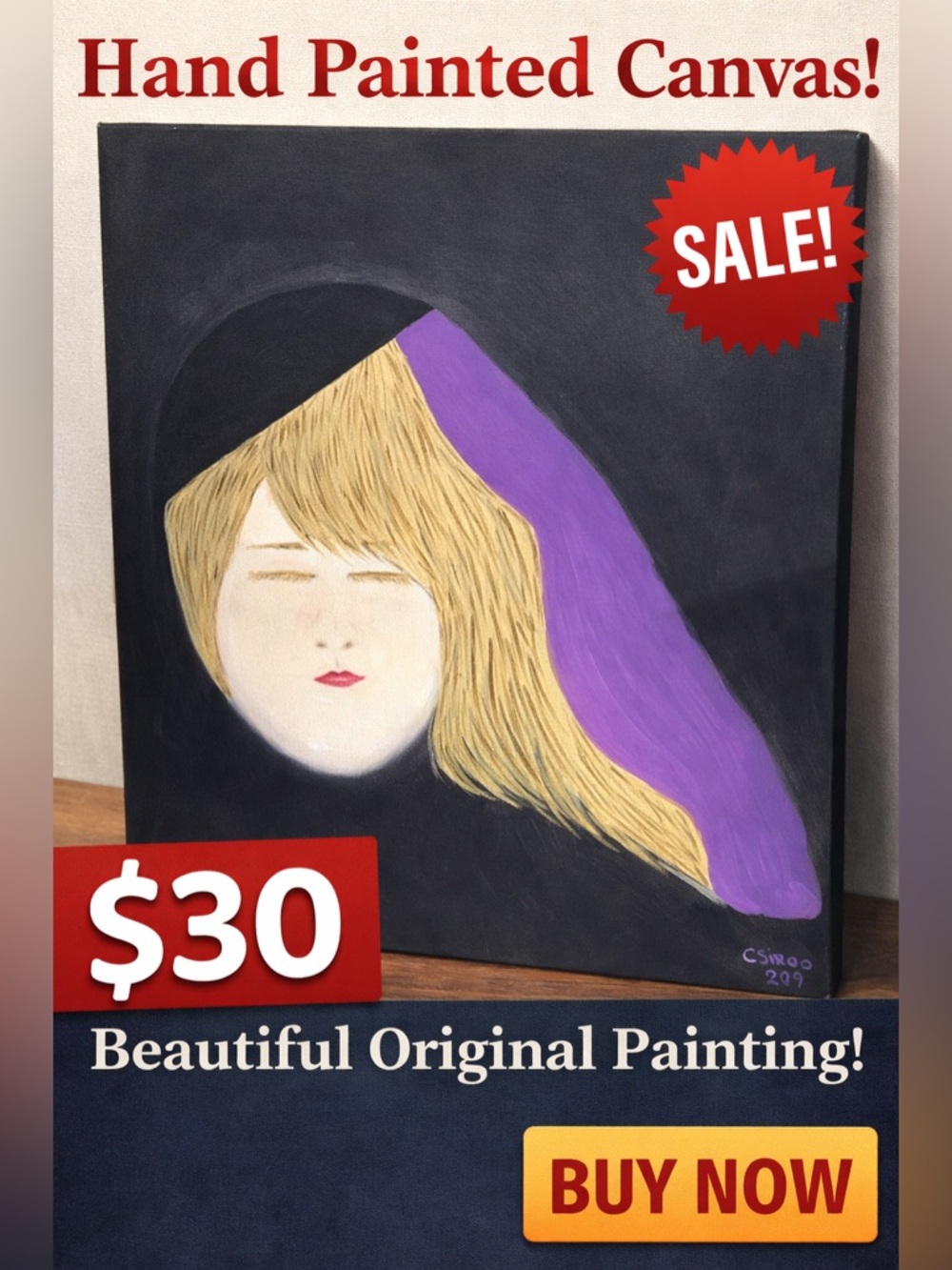 Hand Painted Portrait Canvas – Minimalist Woman Art – Modern Abstract Wall Decor